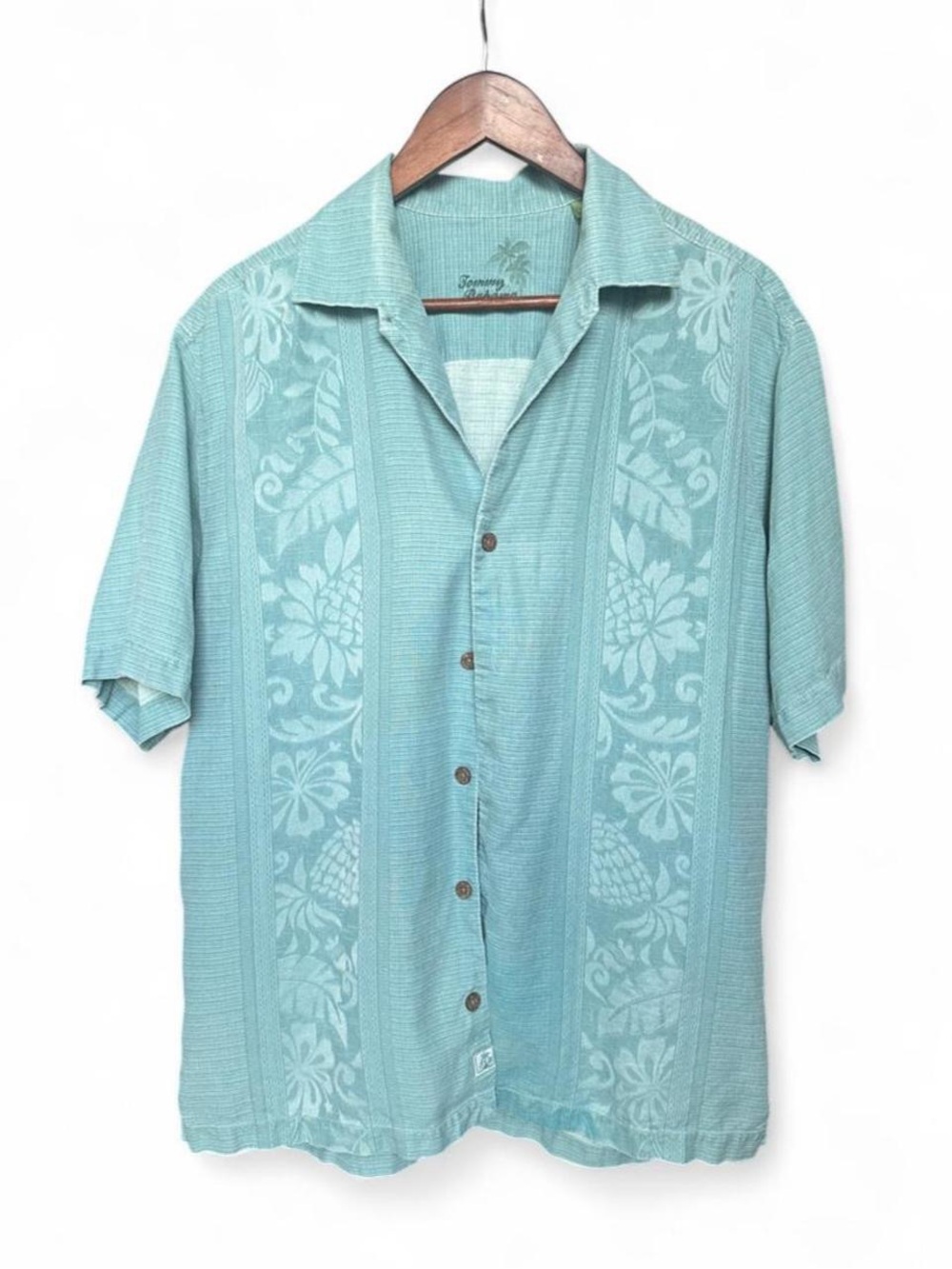 Tommy Bahama 100% Silk Teal Aqua Tropical Floral Panel Hawaiian Camp Shirt